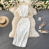 Summer Women Black/White Two Piece Set Vintage O-Neck Sleeveless Camis + High Waist Draped Midi Skirt Casual Suit New