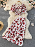 Summer Bohemian Women Floral Printed Two Piece Set Sexy Beach Suit Square Collar Puff Sleeve Short Tops + Skirt New Fashion