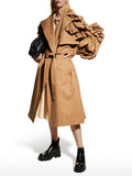 Frill Trim Windbreaker For Women Lapel Long Sleeve Solid Minimalsit Elegant Trench Coats Female Fashion Clothing New
