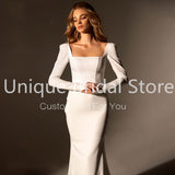 Graduation party dress gift Simple Spandex Boat Neck Wedding Dress White Mermaid Long Sleeves Zipper Sweep Train 2021 Bride Gowns Vestido De