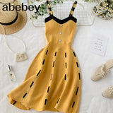 Contrast color Sexy V Neck Spaghetti Strap Summer Mini Dress Women Casual Party Yellow Black Sweater