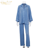 Casual High Wasit Pants Set Women Autumn Long Sleeve Blouses Matching Wide Trousers Suit Green Pleated 2 Piece Pant