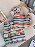 Summer Elegant Sexy Tweed Stripe 2 Piece Set Women Short Vest Crop Top + A-line Skirt Vintage Two Piece Skirt Set