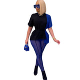 Piece Set Women Casual Outfits Short Sleeve Patchwork Top and Mesh Leggings Office Lady Streetwear Wholesale