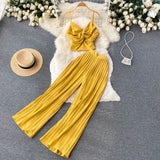 Summer Women Pleated Two Piece Set Sexy Female Criss Cross Twist Strap Tops + High Waist Draped Pants Beach Suits Vacation