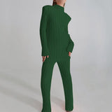 Free Shipping Cotton Casual Women Knitted Two Piece Sets Women's Slim Outfits Striped Turtleneck Sweater And Elastic Pant