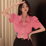 Blusas De Mujer Summer Blouses for Women Puff Sleeve Zipper Crop Tops Temperament Shirts Fashion Korean Tunic White
