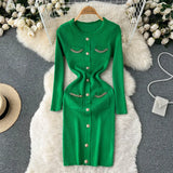 Pocket Fashion Women Sweater Dress V Neck Chain Long Sleeve Bodycon Dress Female Elastic Solid Warm Knitted