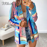 Vintage Blue Printe Women Blazer 2021 Autumn Winter Fashion Long Sleeve Office Ladies Suit Jackets