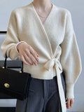 Women's V-neck Tie Waisted Loose Knitted Sweater Long Sleeve Sweater