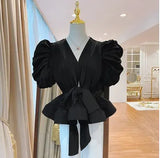 Lace Up Bowknot Shirt For Women V Neck Puff Sleeve High Waist White Blouse Female 2022 Fashion New