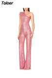 Women Elegant Long Jumpsuits Slanted Collar Party 2023 Sexy Glitter Sequin Club Playsuits Fashion Backless Solid