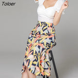 Style Fashion Elegant Office Slim Set Women Summer Lady Square Collar Short Sleeve Tops Print Mermaid Skirt 2 Piece