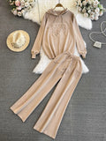 Suit Women's Korean Version Of Loose Knitted Hoodie Two Sets Of Leisure High-Rise Thin Straight Broad Leg