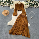 Wear With A Female Autumn Temperament Short Lantern Sleeve Shirt High Waist Hanging Feeling Open Skirt Two