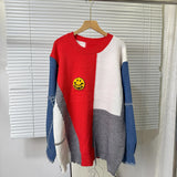 And Winter Cowboy Sleeve Splicing Bumpy Smiley Face Loose-Fitting Sweater Round Collar Knitted Bottoming Shirt