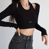 Sexy Slim Long Sleeve T-shirts Hollow Out Crop Top Women Tunics Kpop Button Patchwork T Shirt Fake Two-piece