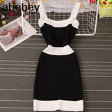 Women Sexy Strapless Contrast Color Sleeveless Spaghetti Strap Beach Knitted Bodycon Vest Mini Dress