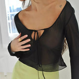 Women Blouse Sexy Sheer See Through Mesh Long Sleeve Crop Top Lace Up Bandage Shirt 90s 00s Blouses Summer Party