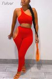 Color Fitness 2 Piece Workout Sets 2023 Woman One Shoulder Sleeveless Tank Crop Top and Side Cut Out Skinny Legging