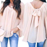 Summer Fashion Office Lady Solid Color Long Sleeve O Neck Large Hem Back Bow Loose Blouse Top Female