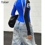 Racing Contrast-color Patchwork Bodysuits Women Motorcycle Long Sleeve Skinny Playsuits Moto & Bkier Bodysuit