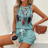 Summer New Feather Printed Casual Fashion Round-Neck Shorts Set For