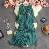 New Spring Autumn Temperament V-Neck long sleeve Dress high waist lace up waist solid color long A-line Pleated
