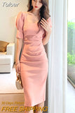 Style Vintage Square Collar Puff Sleeve Midi Party Dress Ladies OL Elegant Streetwear Backless Female Bodycon Split
