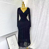 New Sexy Cross-Dress V-Neck Long Sleeves Elastic Mesh Hot Diamond Dress Female Elegant