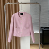 Women's Dual Pocket Pink Tweed Jacket Autumn Winter 2022 Short Gold Button