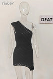 Fashion Women's Dress Diagonal Collar Backless Hollow Out Waist Solid Color Patchwork Mini Dresses Summer 2023 New