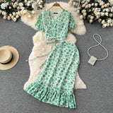 Summer Women Polka Dot Chiffon Two Piece Set Vintage V-Neck Bandage Short Tops + High Waist Mermaid Skirt 2Pcs Suits New