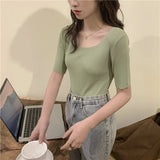 Thin Summer Top Sexy T Shirt Women Elasticity T-Shirt Korean Style Woman Clothes Slim Tshirt Female Casual Short Sleeve