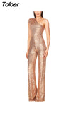 Women Elegant Long Jumpsuits Slanted Collar Party 2023 Sexy Glitter Sequin Club Playsuits Fashion Backless Solid
