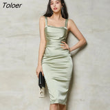 Fashion Summer Retro Skinny Midi Party Club Dress Ladies Elegant Satin Sexy Strap Sleeveless Acetate Bodycon Beach