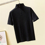 2022 Summer Vogue Knitted Button T Shirt Women Turtleneck Short Sleeve Slim Solid Tee Shirt Femme Ladies Pullover