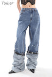 2023 Summer 2023 New Women's Jeans High Waist Graffiti Patchwork Contact Color Leather Button Denim Pants Tide