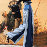 Casual Denim Patchwork Women Trousers High Waist Hit Color Large Size Wide Leg Pants Female Fashion Autumn 2023