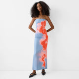 Toloer Women's New Sexy Strapless Print Bag Hip Slit Dress Children By The Sea-Outfit