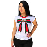 T Shirt Women Bow Tie Print Casual T-Shirt Short Sleeve Female Tshirts Tops O-Neck Blusas