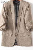 MODA 2023 Summer Women Chic Twill Thin Blazer Gathered Pockets Vintage Office Wear Coat Chic Outerwear Tops 11