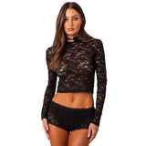 Toloer New Private Server Sexy Wind Lace Short Jacket Hot Girl Beautiful Slim Long Sleeve Shirt Female Summer-Outfit