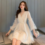 Party Sannian French Personality Dress Summer Retro Mesh V-neck Lace Dress Cheap Clothes China Long Pleated Dresses Preppy