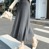 2023 New Women's Knitted A-line Skirt Autumn Winter Solid Color Pleated Long Skirts Woman Elegant High Waist Skirt