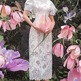 Lace Elegant Dress for Women Clothing O-neck Short Sleeve Hook Embroidery Flower Bodycon Dress Female Summer Spring