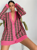 Sexy long cardigan women Winter fall houndstooth plaid knitted sweater V neck casual Single Breasted streetwear