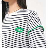 Women Tees 2022 Autumn Long Sleeve O Neck Loose T-shirt Pure Cotton Black White Stripes Casual Streetwear