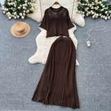 Dress A Complete Set Of Women's Han Yen-Down Short-Sleeved Knitting Blouse High Waist Slim Half Body Skirt Two