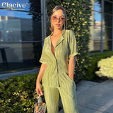 Short Sleeve Shirts Set Woman 2 Pieces Sexy Green Pleated Trouser Suits Female Casual High Waist Wide Pants